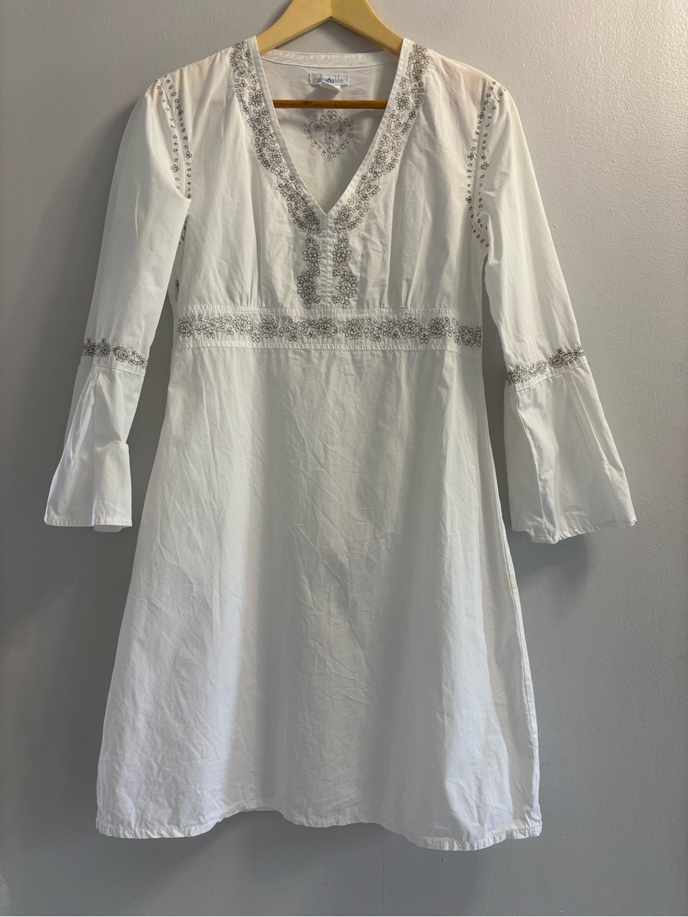 Cabana Life White Cotton Embroidered V-Neck Tunic Dress Bell Sleeve Size M - Picture 2 of 11
